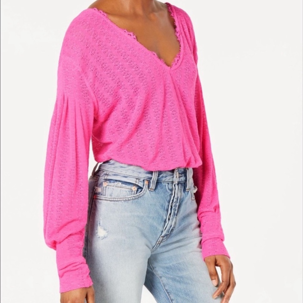 Free People Hot Pink Long Sleeve Lace Knit Tee